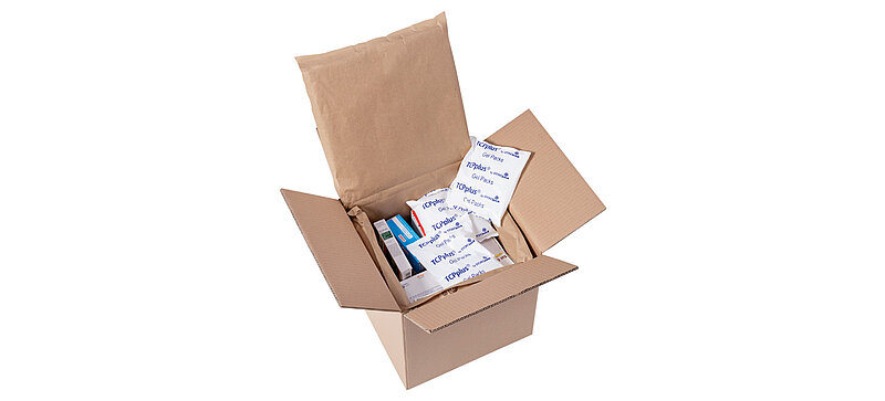 Image of an open shipping box containing medications and ice packs.